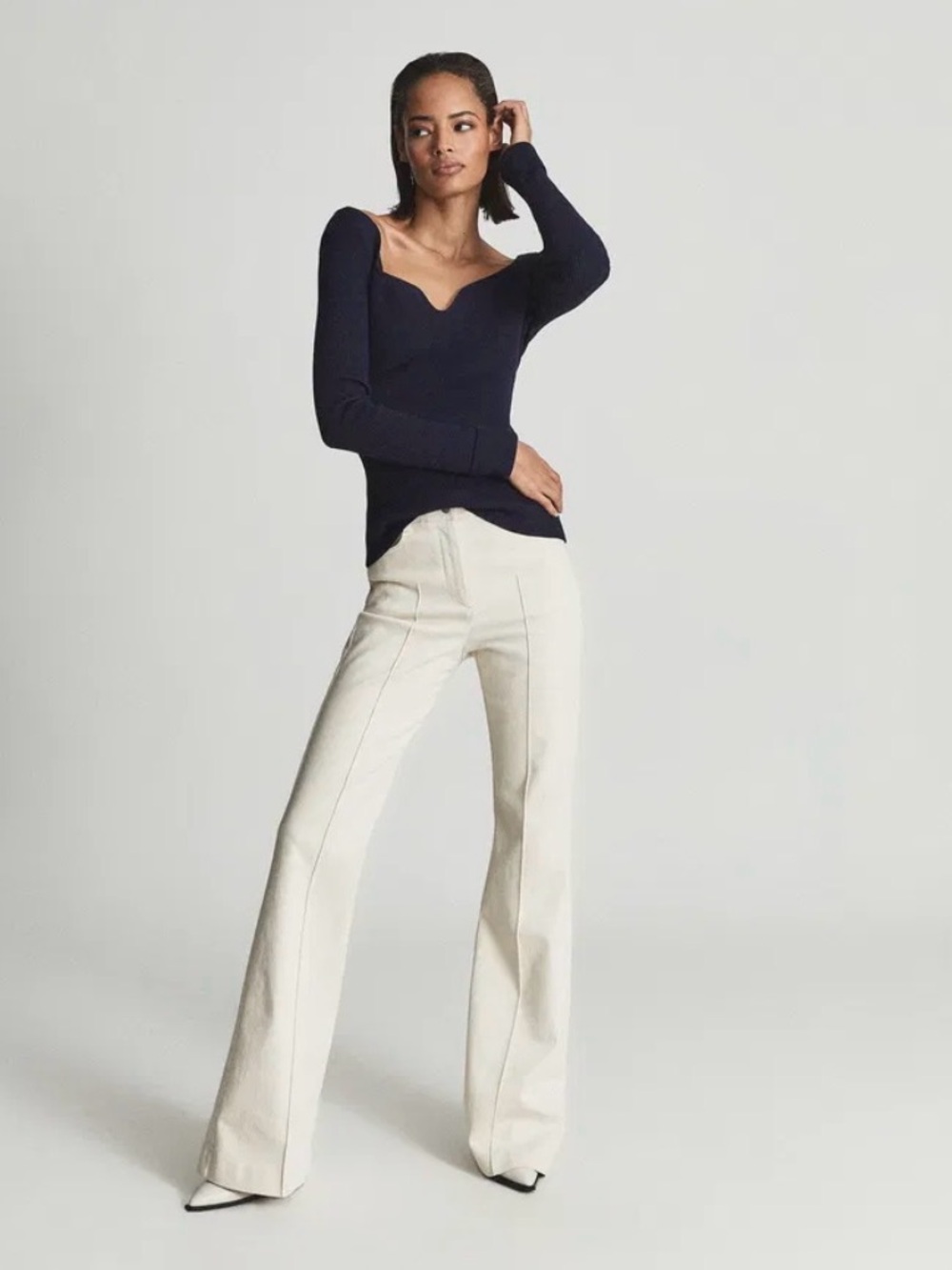 Reiss Emine Ribbed Sweetheart Jumper ( Sweater) in Navy Blue Size Large